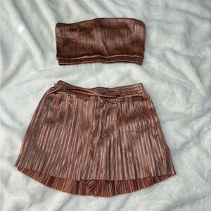 Forever 21 Metallic Pleated Bandeau & Shorts Set | Bronze | Medium | 2 Piece Set